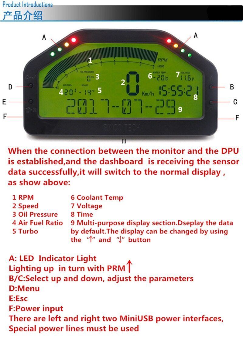 Car Dashboard Race Display Bluetooth Sensor Kit LCD Screen Rally Gauge Universal Q