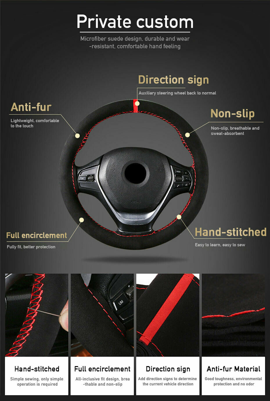 Car Steering Wheel Cover with Needle Thread, Red Suede, Braided Accessories Q