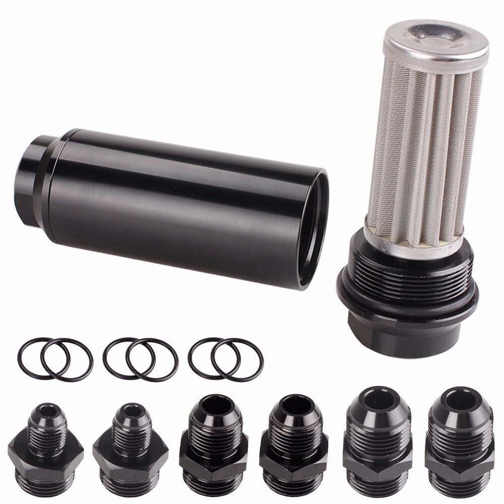 100 Micron Black High Flow Turbo Inline 44mm Fuel Filter with AN10 AN8 AN6 Q