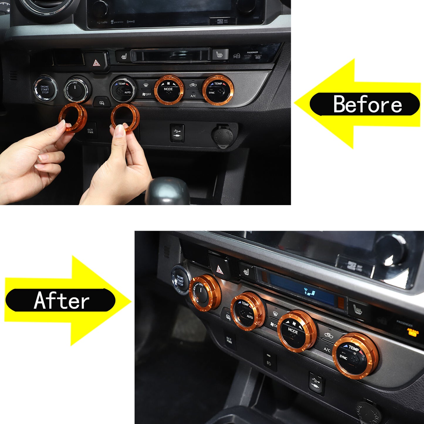 Orange automotive climate control ring knob trim cover for Tacoma 2016 - 2024 n