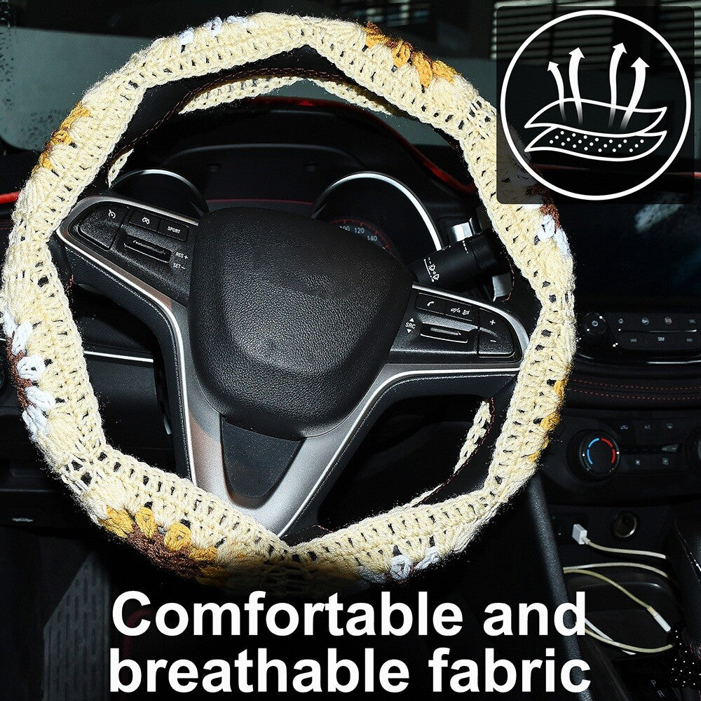 14-15in Boho Crochet Steering Wheel Cover Sunflower Steering Wheel Protector