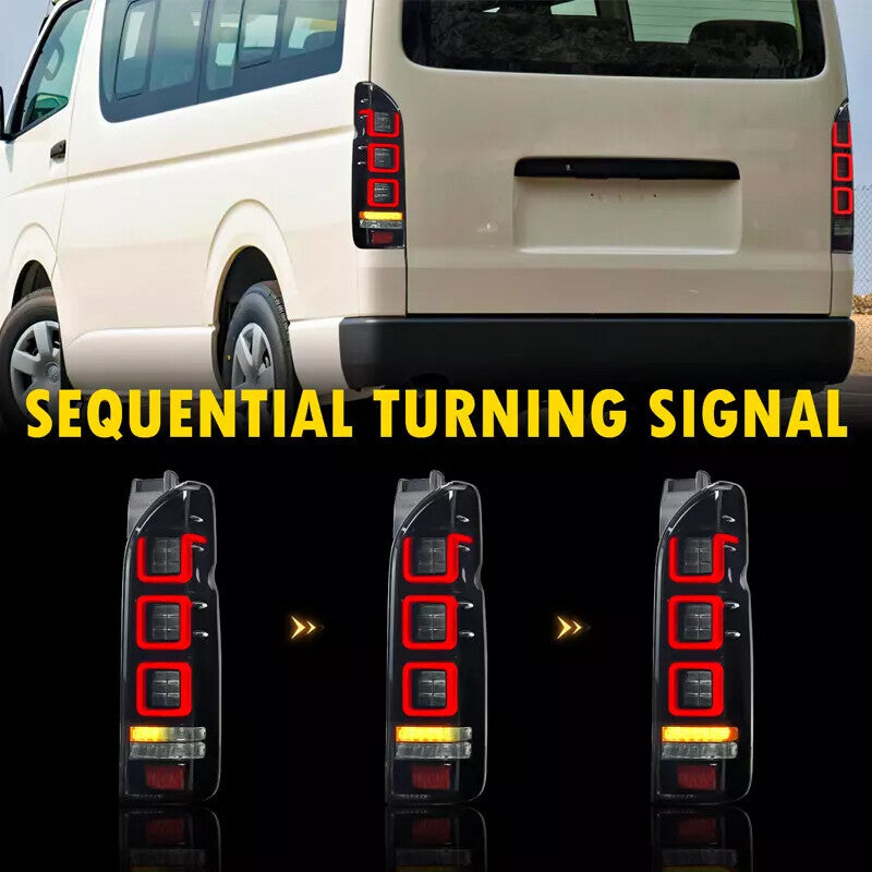 A pair of smoky red V3 3D full LED taillights suitable for 04-20 for Toyota Hiace Van taillights.