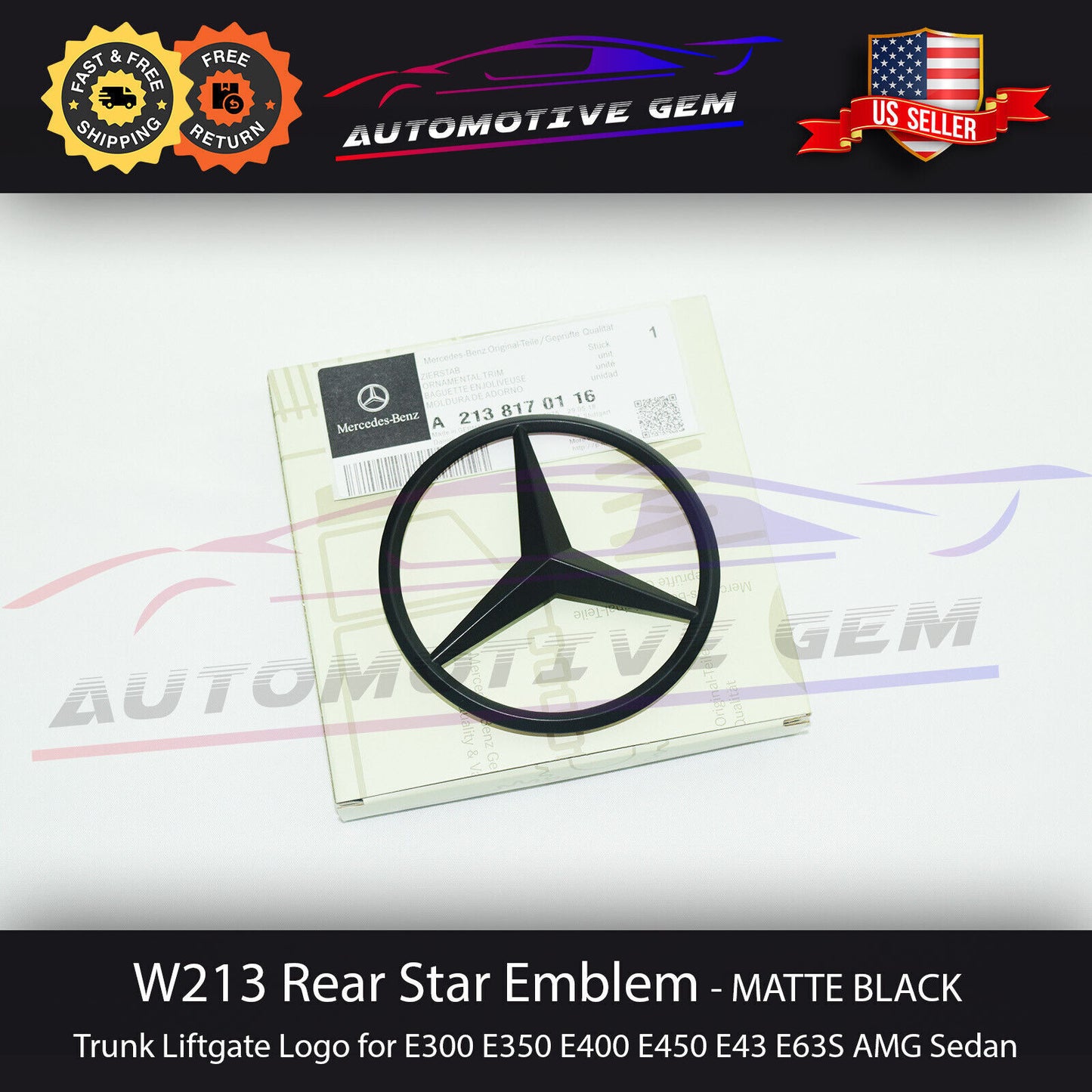 W213 SEDAN MATTE, black star badge, rear trunk lid emblem, AMG E350