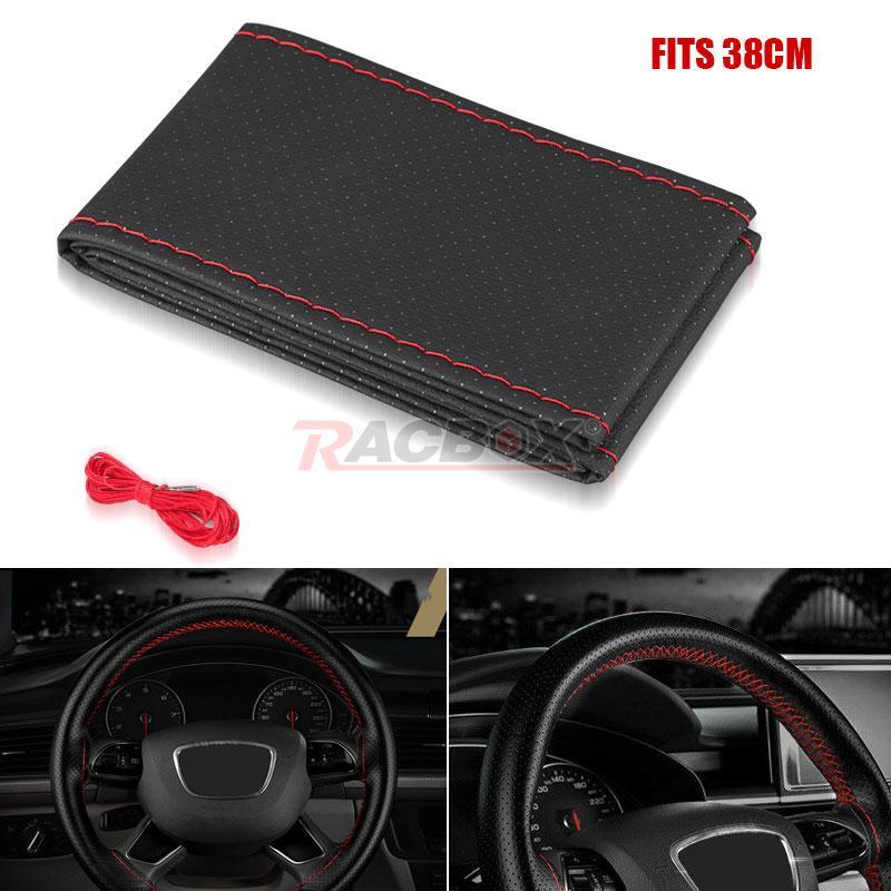 15 DIY Leather Car Steering Wheel Cover Needle Thread Antislip Black Universal