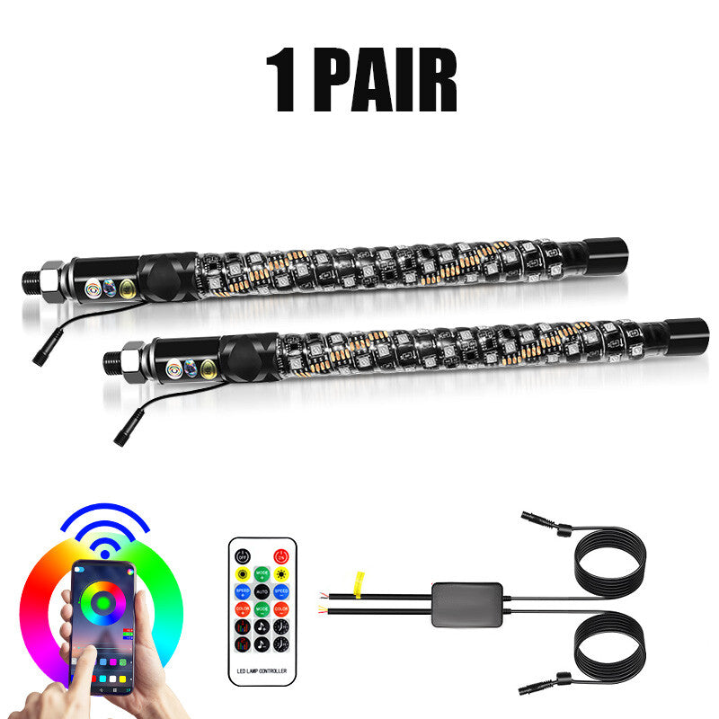 2PCS 1ft RGB Spiral LED Whip Lights Antenna Chase + FlagRemote for ATV UTV NEW