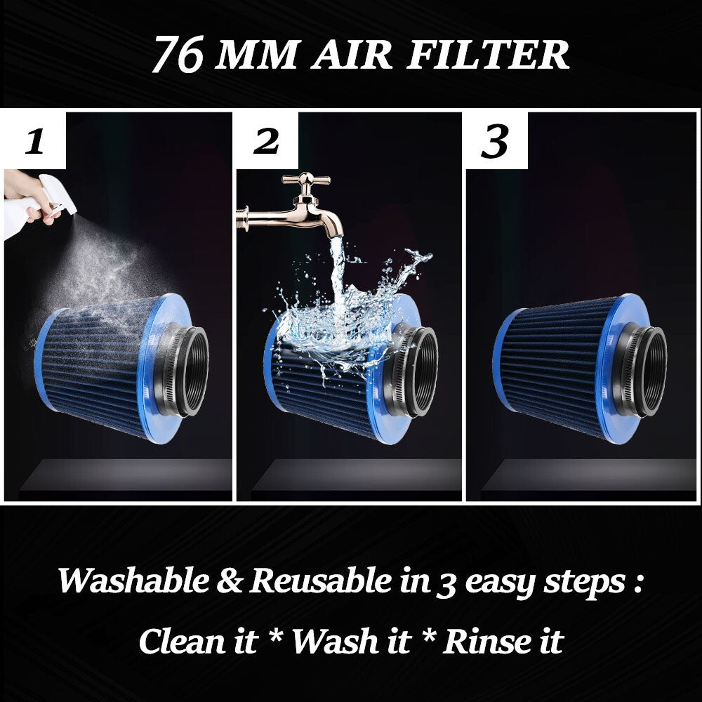 Blue 3 76mm High Flow Inlet Cold Air Intake Cone Replacement Dry Air Filter