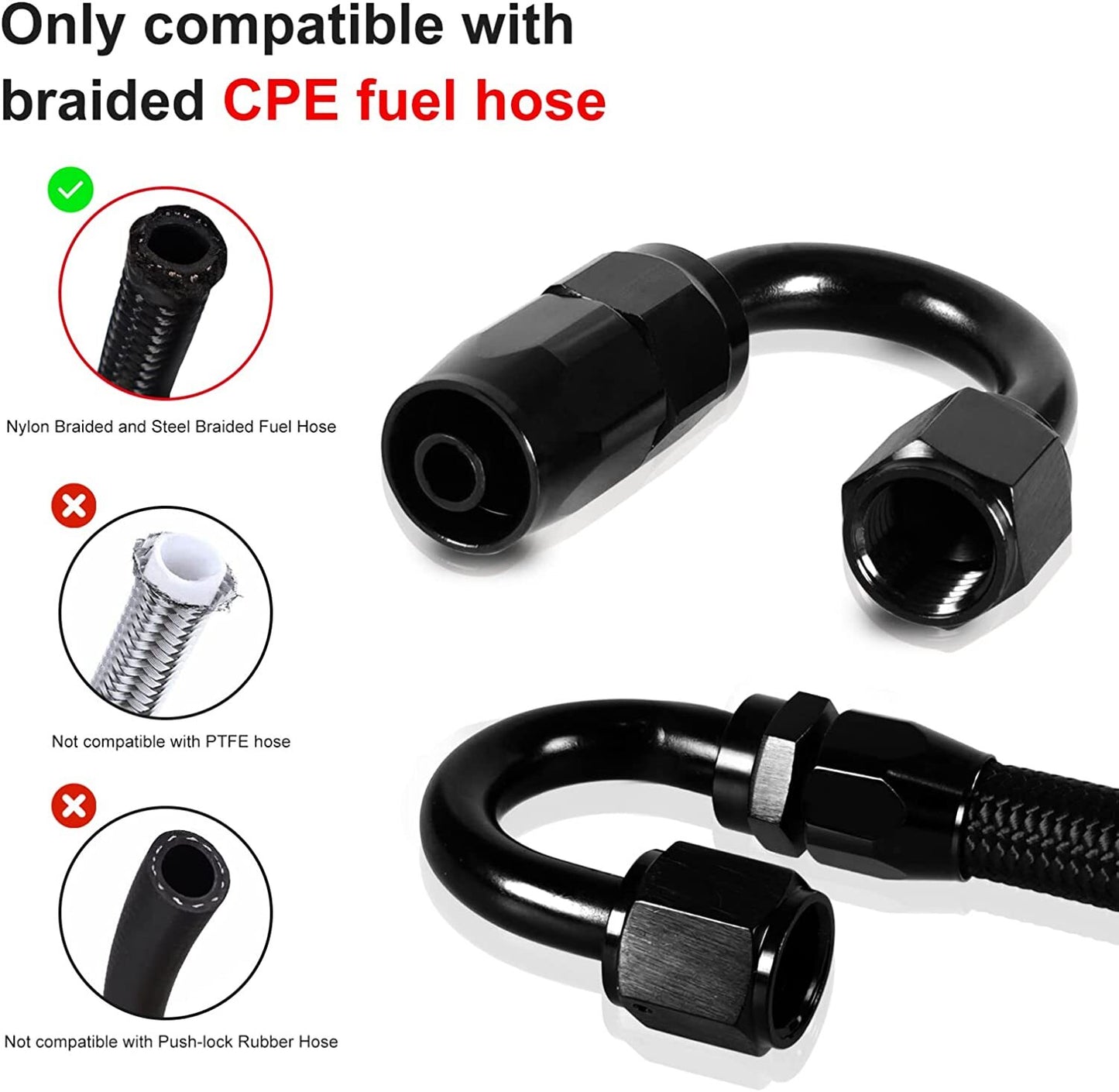 2-Piece Black AN6/AN8/AN10 Rotary Hose End Fittings for Oil/Fuel/Gas Hose Lines