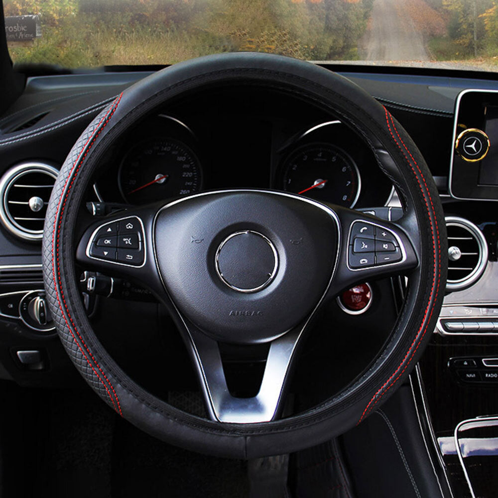 Car steering wheel cover, leather fit, good grip, car accessories, 15-inch, black and red - n