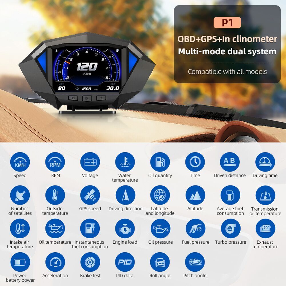 OBD2 GPS HUD Instrument Panel Head-Up Display Car Digital Display Speedometer Turbo RPM Temperature Alarm