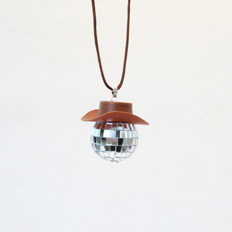 Cowboy Hat Disco Ball Car Ornamen Rearview Mirror Hanging Acessory Rope Brown