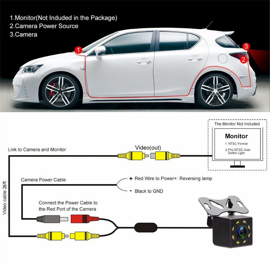 HD 8 LED Car Backup Reverse Camera Rear View 170° Parking Cam Waterproof Trim