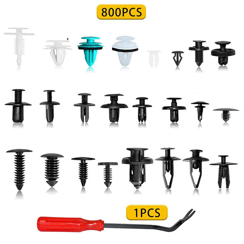 800-piece pack of auto fasteners, push-to-fit plastic clips, rivets, bumpers