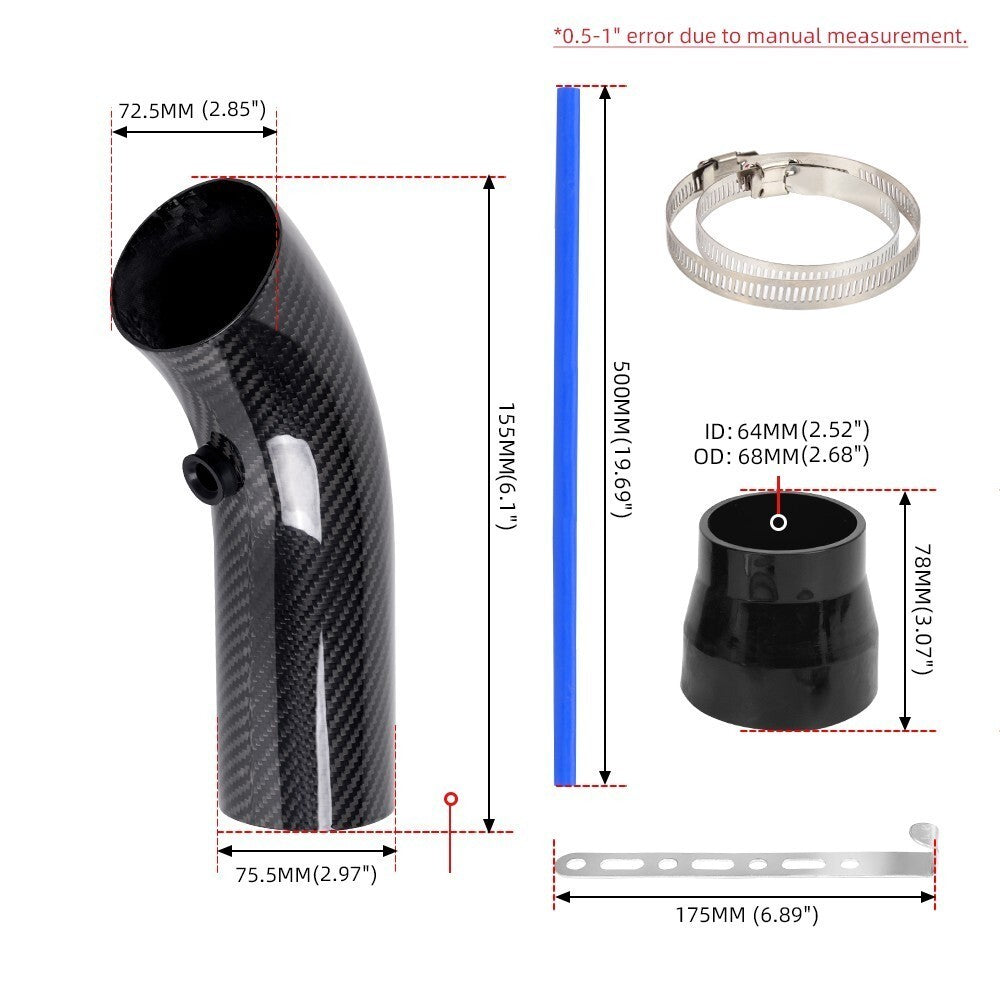 Real Carbon Fiber 76mm/3 Universal Car Cold Air Intake Induction Pipe Hose Tube Q