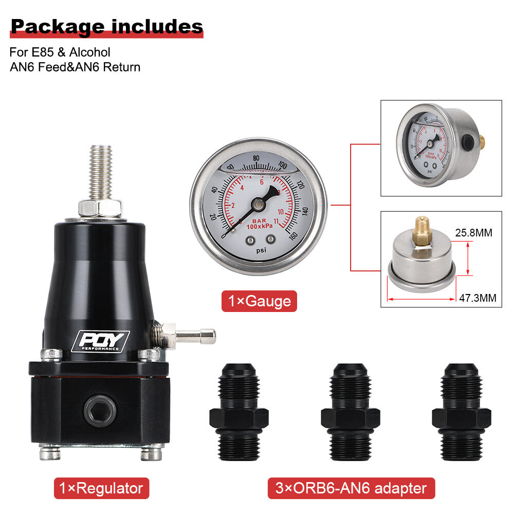 Aluminum Adjustable Fuel Pressure Regulator Kit AN6 Gauge Black Universal