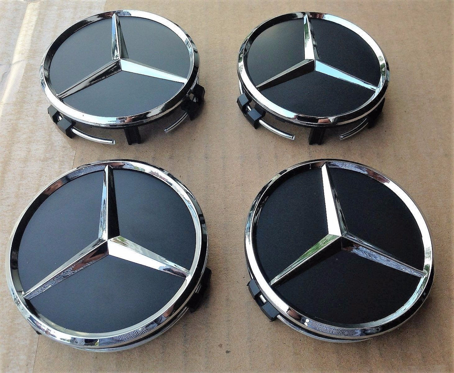 4 for Mercedes black alloy wheel center hubcaps, 75mm ABCESM grade, ML CLA