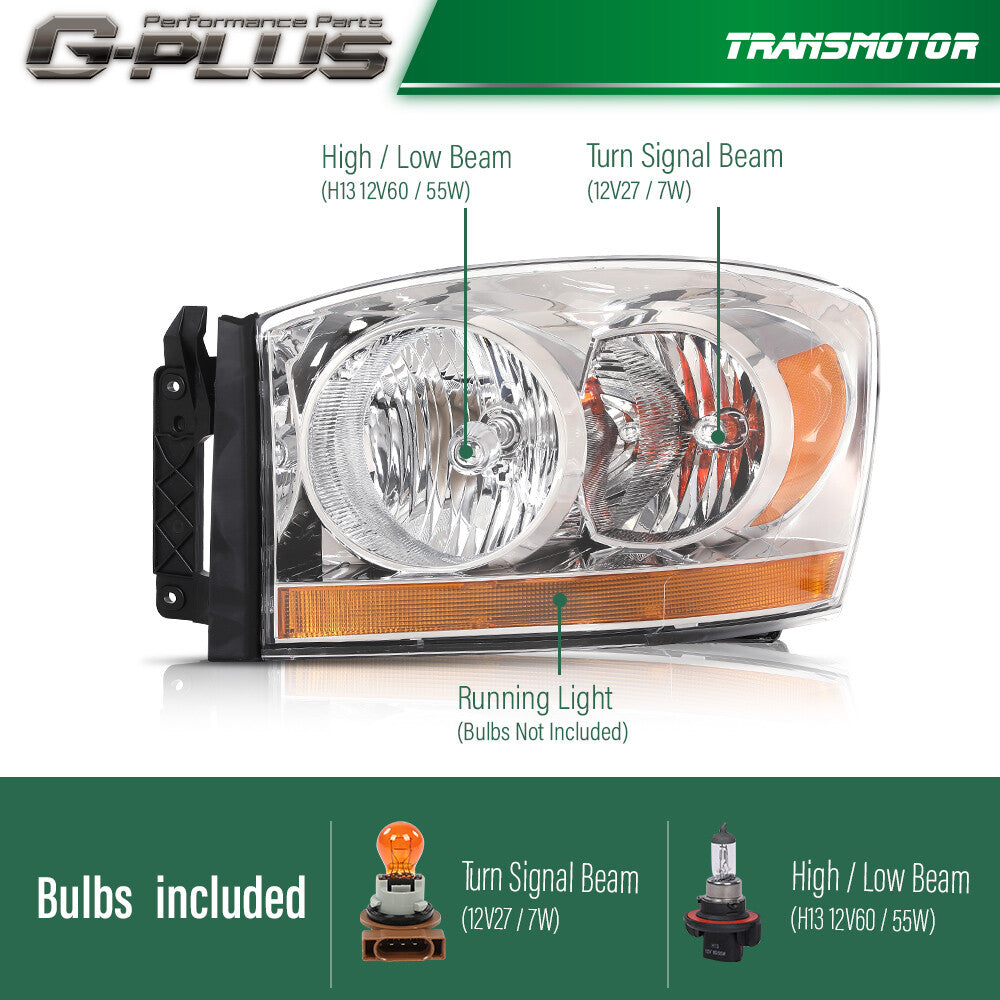 Headlight for CHRome/Amber Fits 2006 - 2009 for Dodge for Ram 1500 2500 3500 Driver Side - v