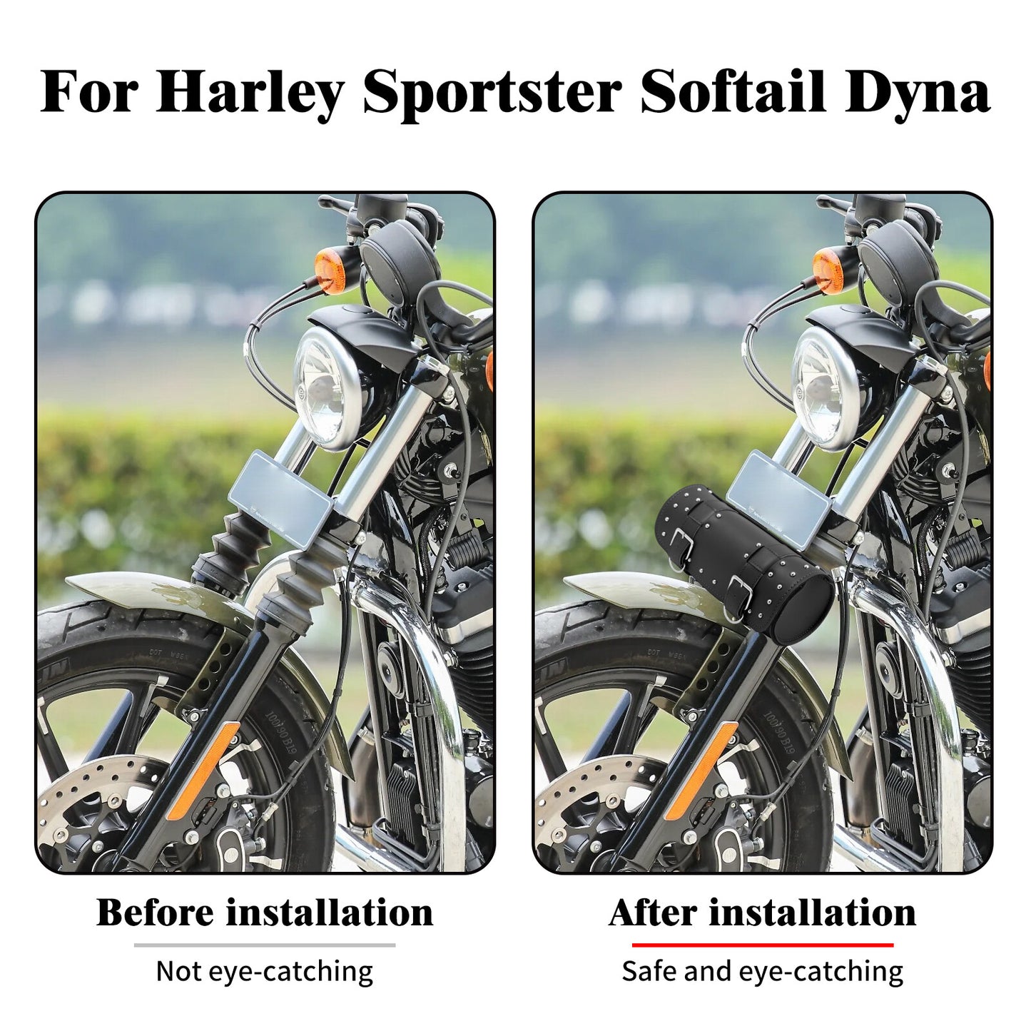 Motorcycle Black Handlebar Sissy Bar Bag Saddlebag Fork Roll Barrel Bag w/ Nails Q
