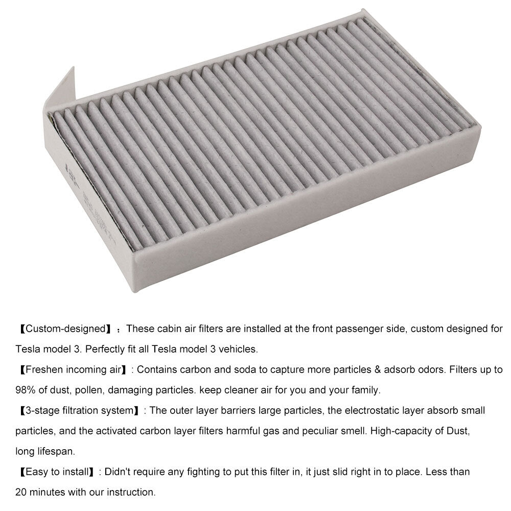 Cabin Air Filter Set (2) for Tesla for Model 3 Model Y (2017-2019) Activated Carbon Q
