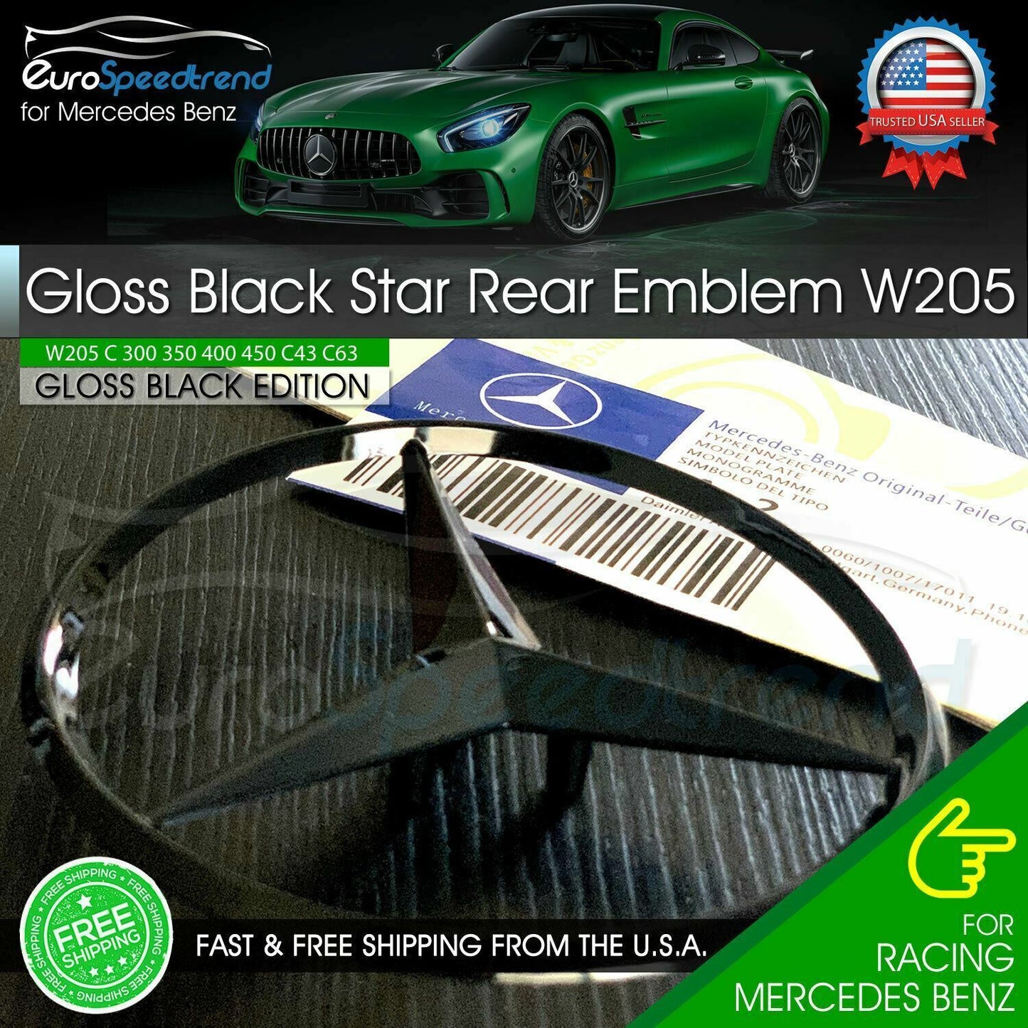 FOR W205 Gloss Black Star C Class Trunk Emblem for Rear Lid Logo Badge AMG