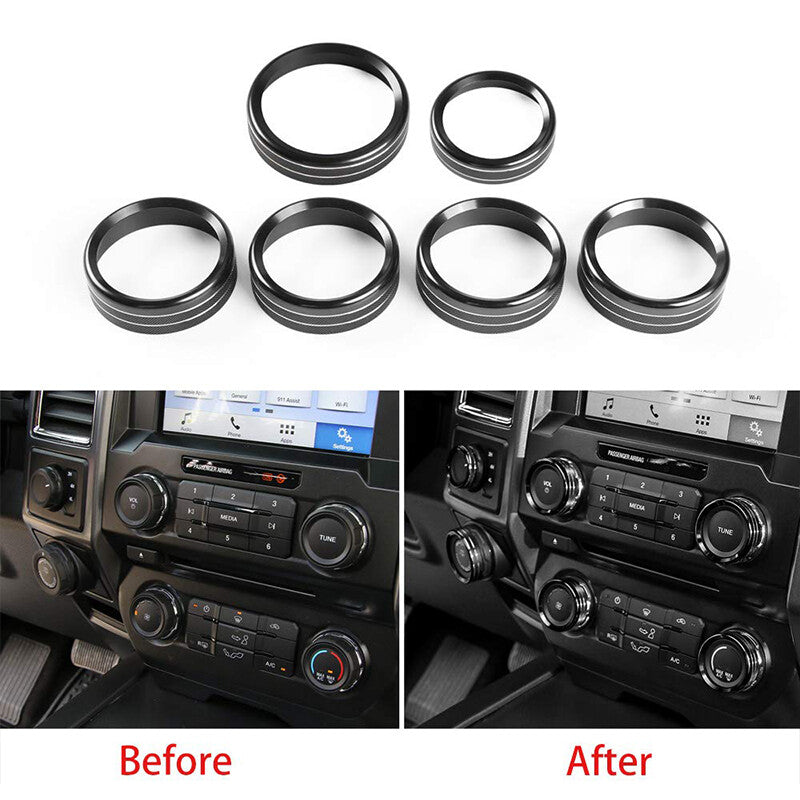 6Pcs Air Conditioner Switch CD Button Ring Knob Trim for Ford F150 XLT 15-20 Blk