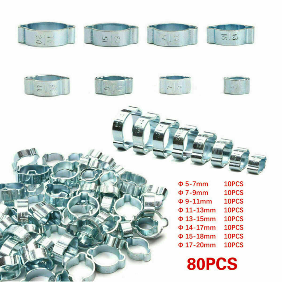 80X Double Ear Clamps O Clips-Crimp O-Clip Air Silicone Petrol Fuel Hose Pipe