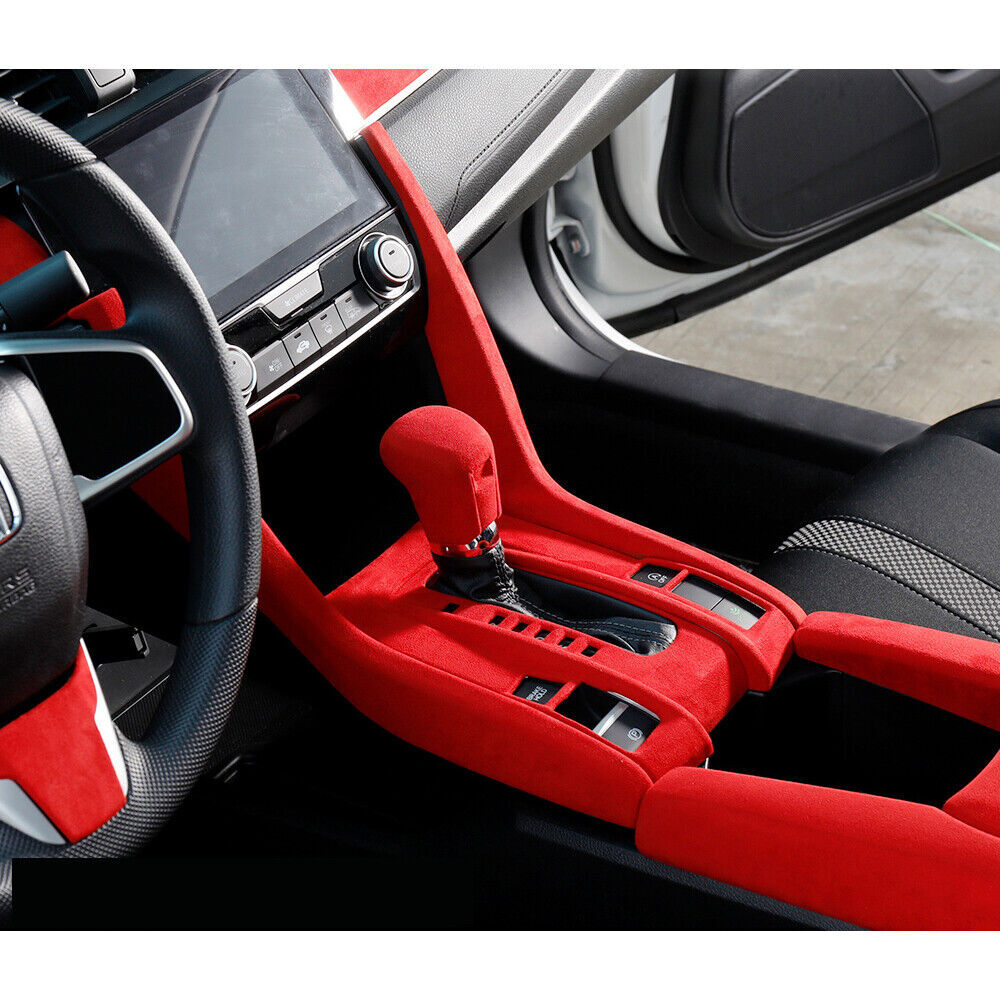 Console Gear Shift Frame Cover Trim for Honda for Civic 16-2021 Red Alcantara Suede