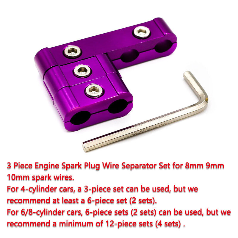3-Piece Aluminum Alloy Engine Spark Plug Wire Splitter Divider Storage Clip Kit (Purple) Q