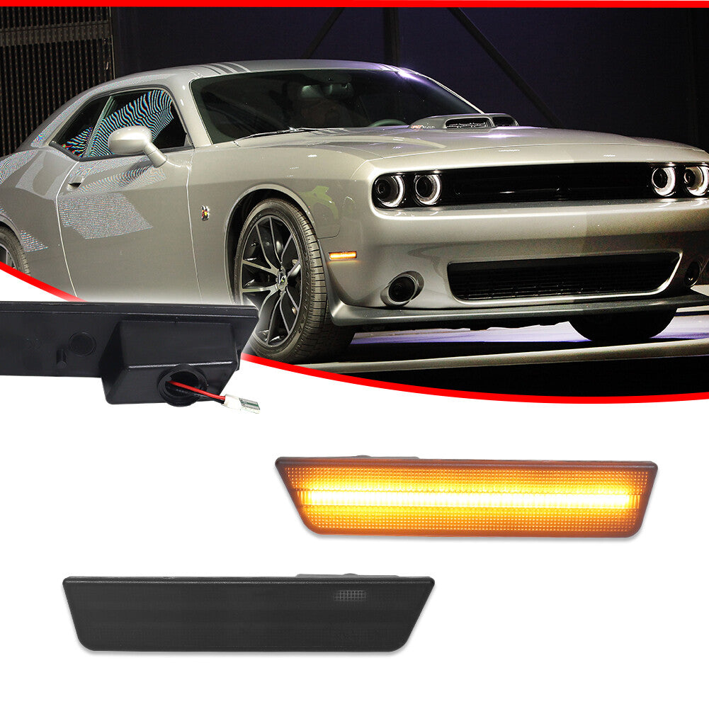 Fit 08-14 for Dodge for Challenger DARKEST SMOKE Amber LED Front Side Marker Lights - v