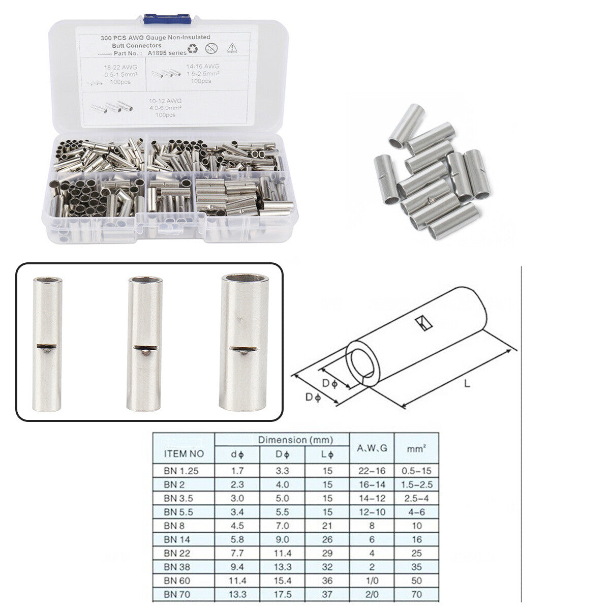 300pc KIT NON-INSULATED BUTT CONNECTORS TERMINAL 2218 1614 1210 A set n