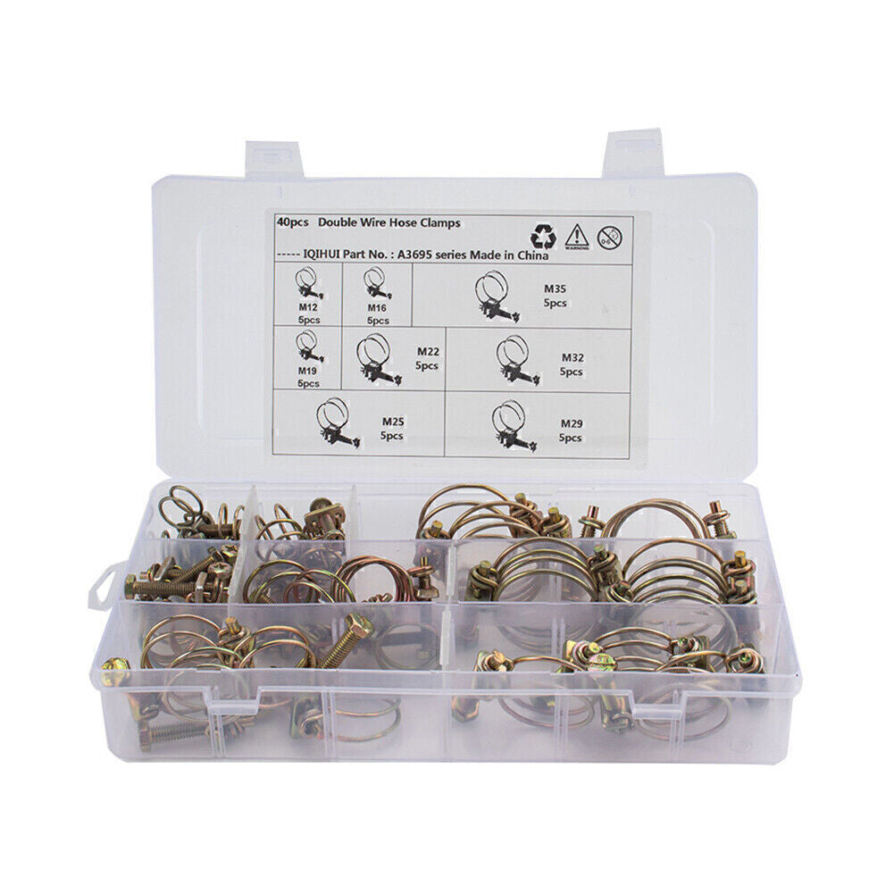 40PCS Double Wire Hose Clamp Pipe Clip Screw Bolt Tight Fitting Kit Classic Type