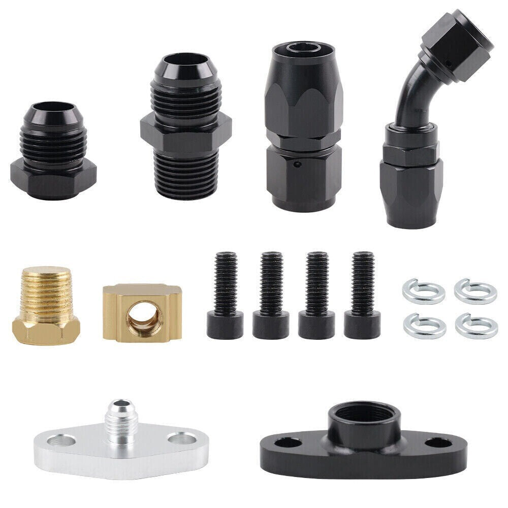 Universal Turbine Oil Line Feed Kit with Return Drain Flange T3 T4 T04E Oil Pan Plug