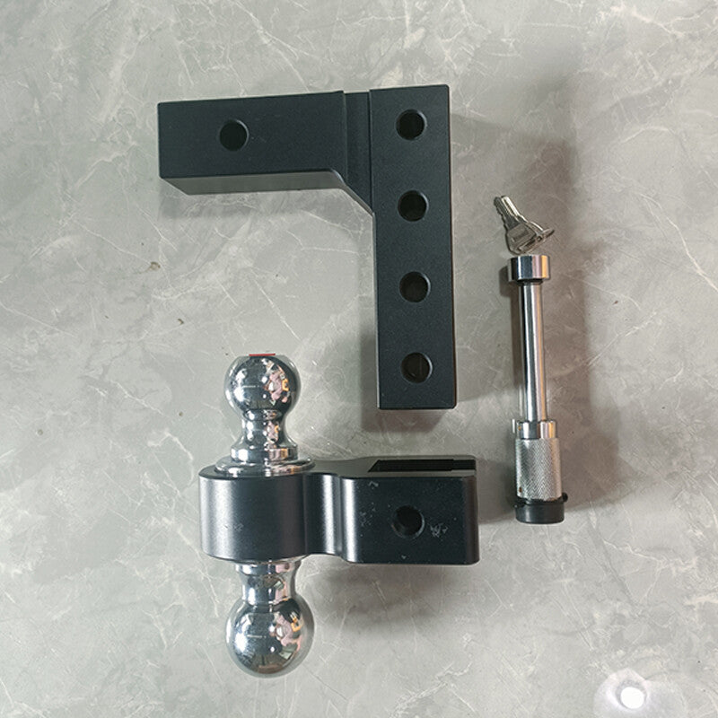 Adjustable trailer hitch with dual ball mount, suitable for 2-inch receivers and 6-inch drop mounts.