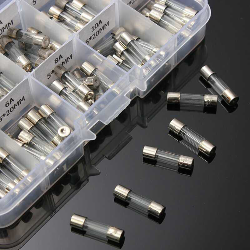 100-piece pack of 5x20mm fuses, quick-blow 0.2A-15A, 10 types of automotive glass tube fuses, various kits available. n
