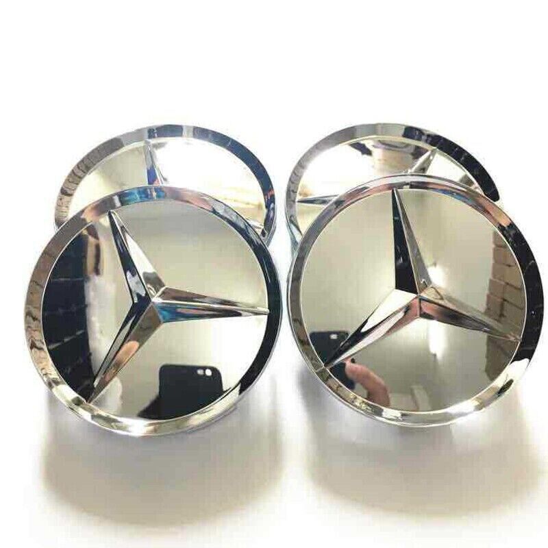 4-piece set of 75mm wheel center caps, hubcaps, and chrome silver badges.