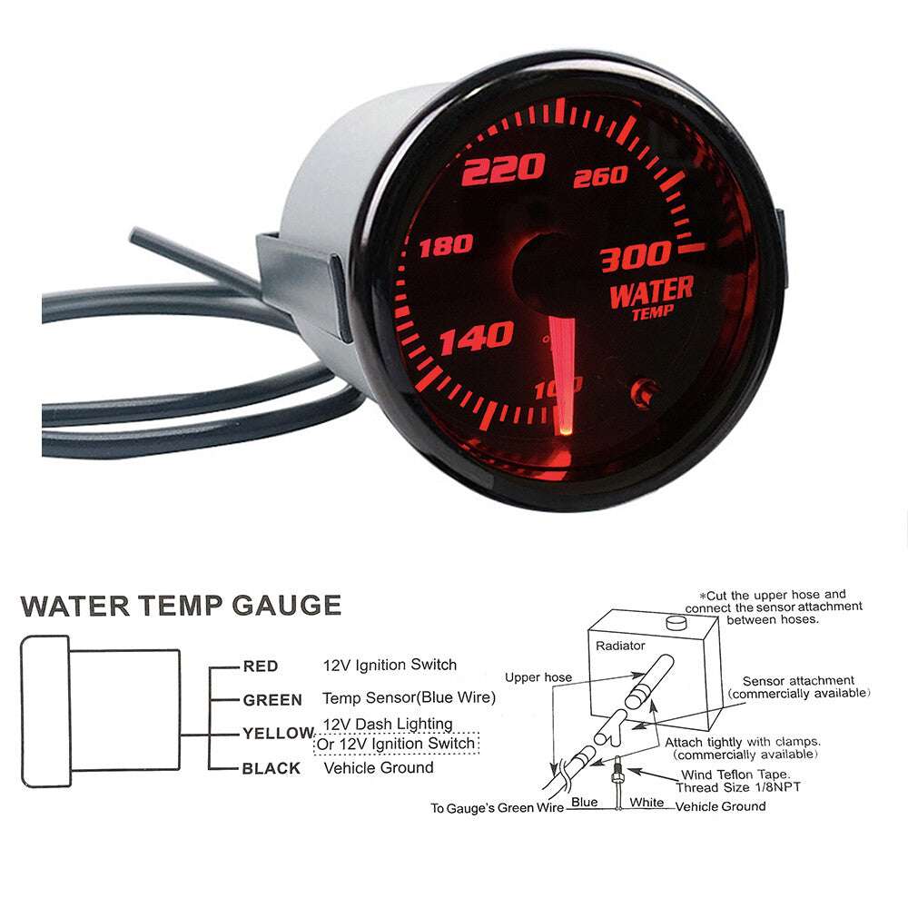 2 52mm Universal Water Temp Gauge Meter 7 Color Display W/ 1/8 NPT Temp Sensor