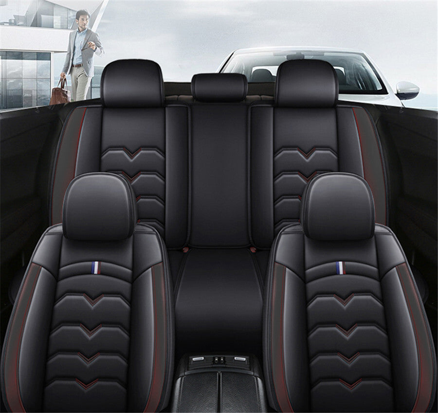 Black Red PU Leather 5-Seats Car for Seat Covers Auto Front+Rear Full Set Cushions Q