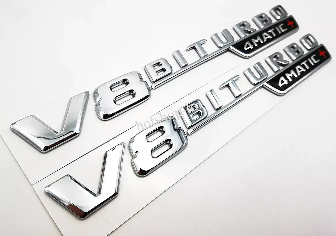 2x V8 BiTurbo 4Matic+ Emblem Side Fender 3D Chrome Badge For AMG E63