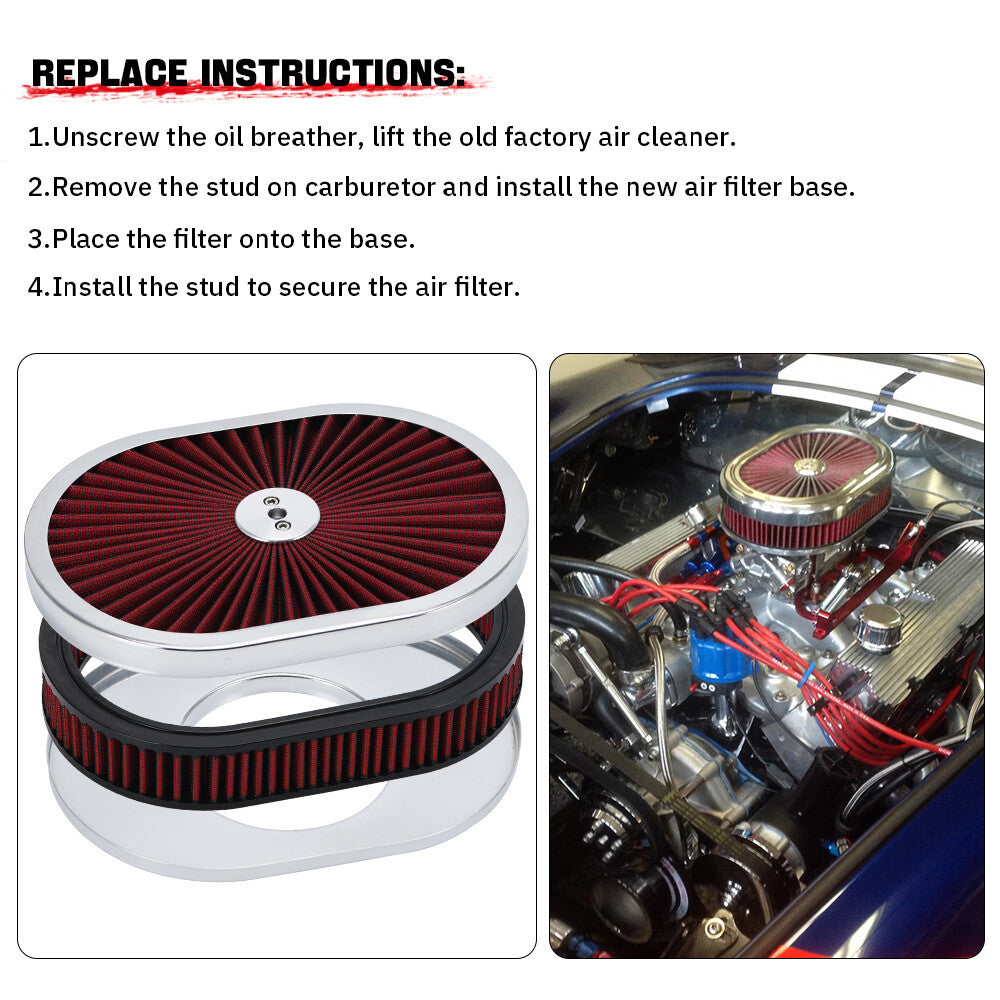 12 Oval Super flow Thru Air Cleaner Washable For SBC for Chevy for Ford 5-1/8 Carb Neck