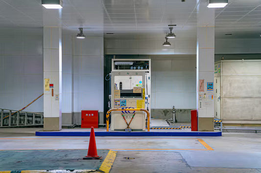 Wide horizontal landscape shot of automated car battery testing lab setup
