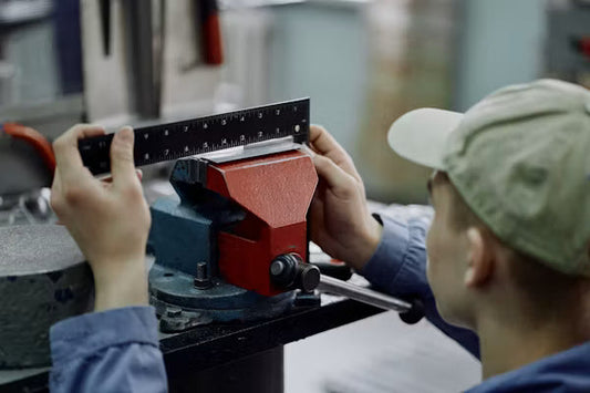 Technician using a digital caliper to measure structural sheet metal thickness of a CAPA-certified fender versus a non-certified aftermarket fender