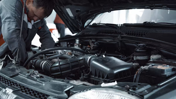 Car mechanic installing new shock absorbers coilovers underside vehicle garage lift