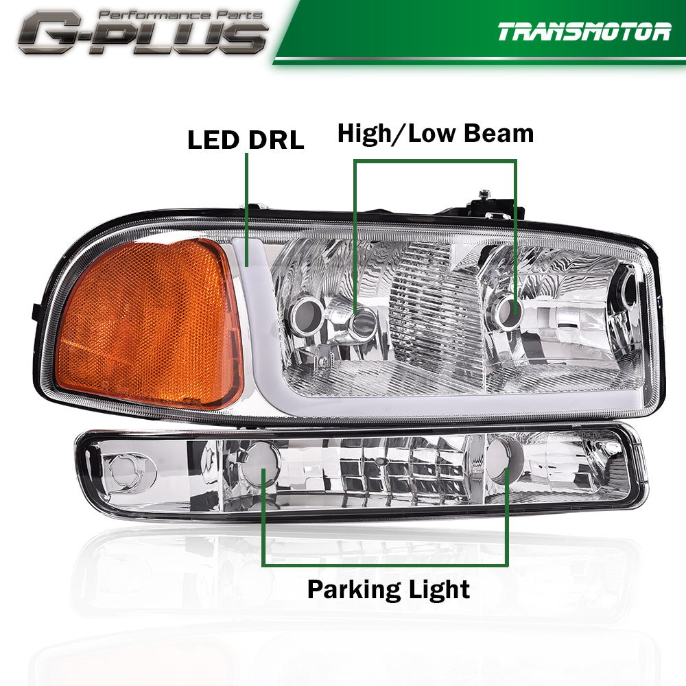 Suitable for 99-07 GimCi for Sierra / for Yukon LED DRL Amber Corner Chrome Alloy Headlights LH+RH