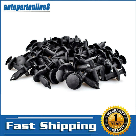 100-piece pack of black plastic rivets with 8mm hole fasteners for mudguards and bumpers - promotional clips