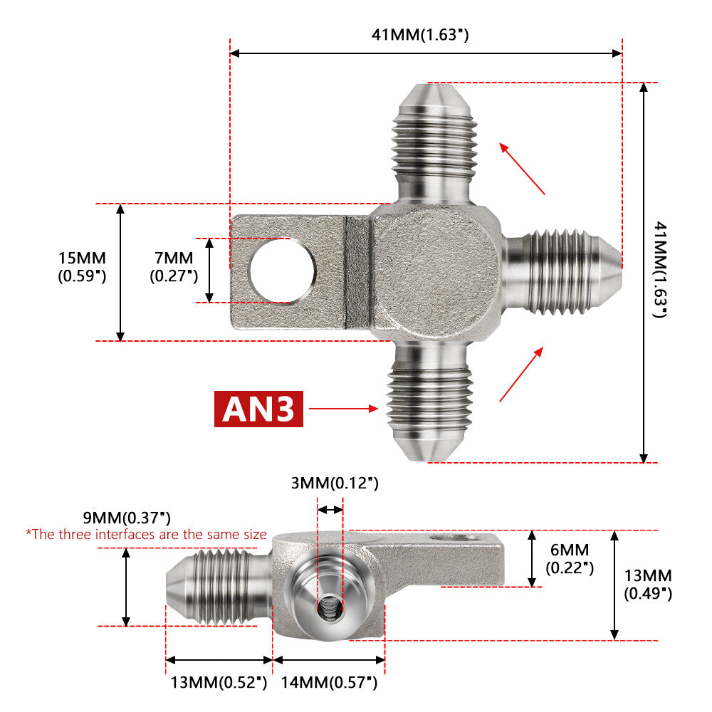 3AN AN3 Thread Stainless Steel 3-Way T-Piece Male Brake Hose Fitting Tee Adapter Q