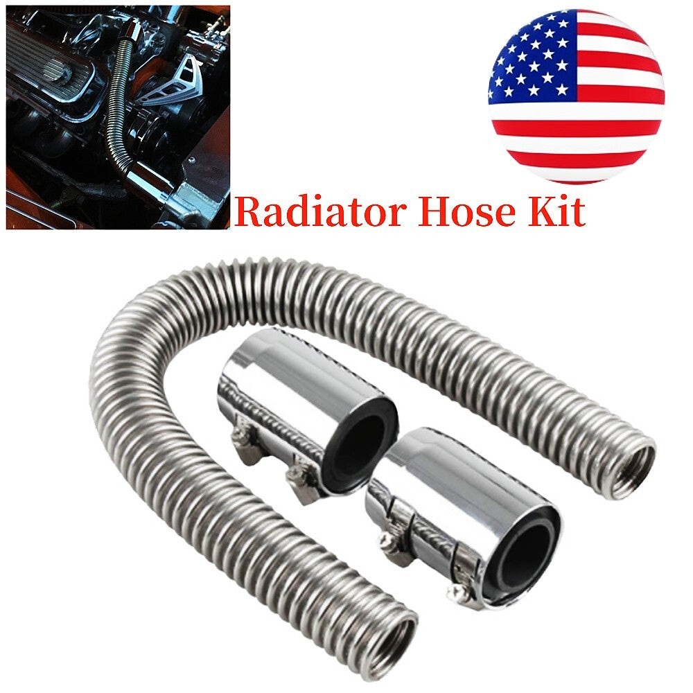 Universal 24-inch Stainless Steel Upper/Lower Radiator Hose Kit and Chrome Cover - n