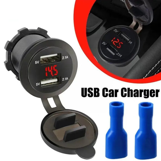 Car Charger Dual 2.1A USB Socket Power Plug LED Voltmeter Fast Charging Adapter