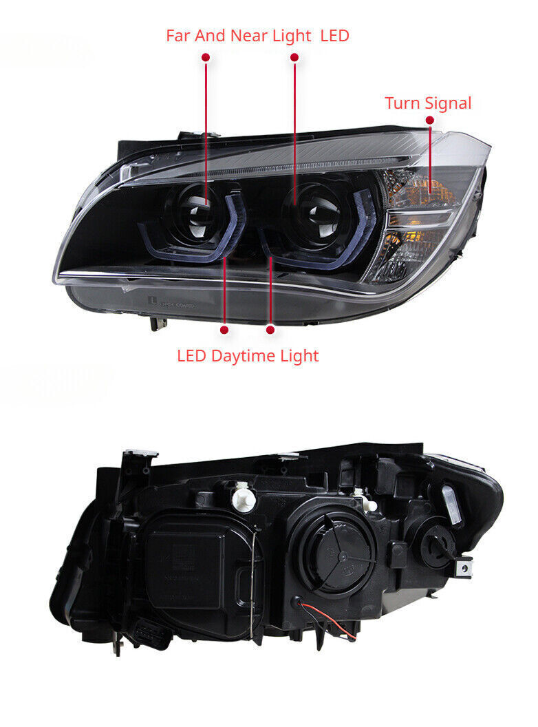 Two headlight assemblies, daytime running lights, and turn signals suitable for BMW X1 E84 2013-2015.