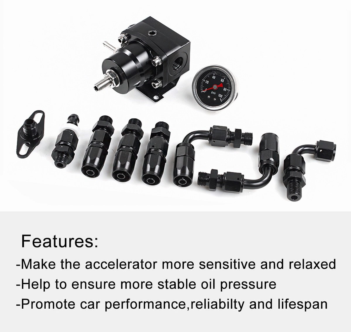 Universal Adjustable Fuel Pressure Regulator Kit 100psi Guage AN6 Fitting Black