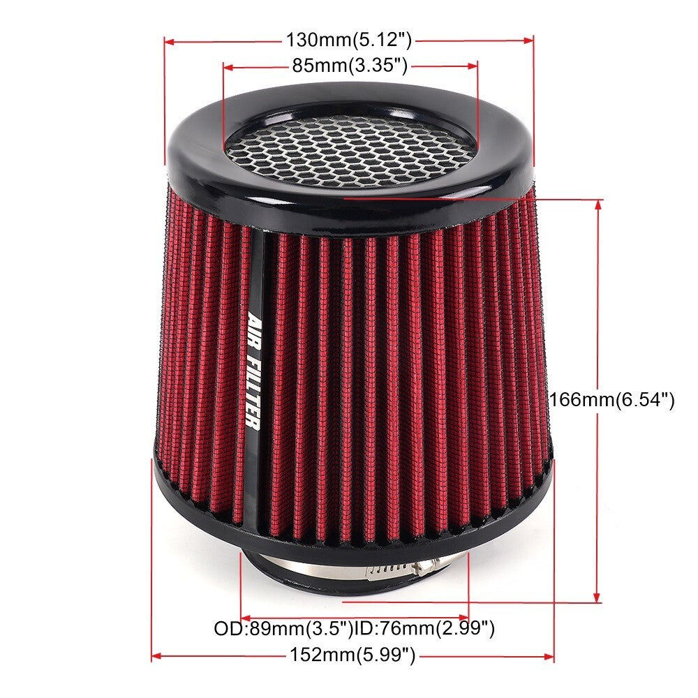 Red 3 76mm High Flow Inlet Cold Air Intake Cone Replacement Dry Air Filter