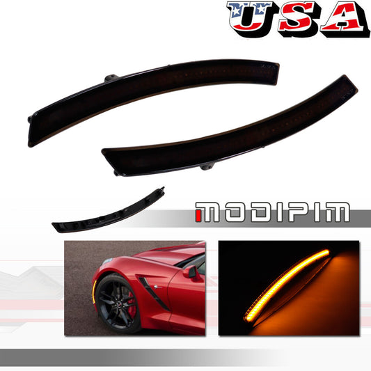 For 14 - 19 for Corvette C7 Smoked Lens Front Bumper Amber LED Side Marker Lights - v
